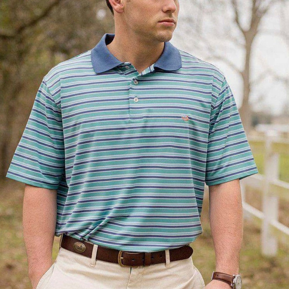 Southern Marsh Bermuda striped Performance Polo shirt Size L blue green